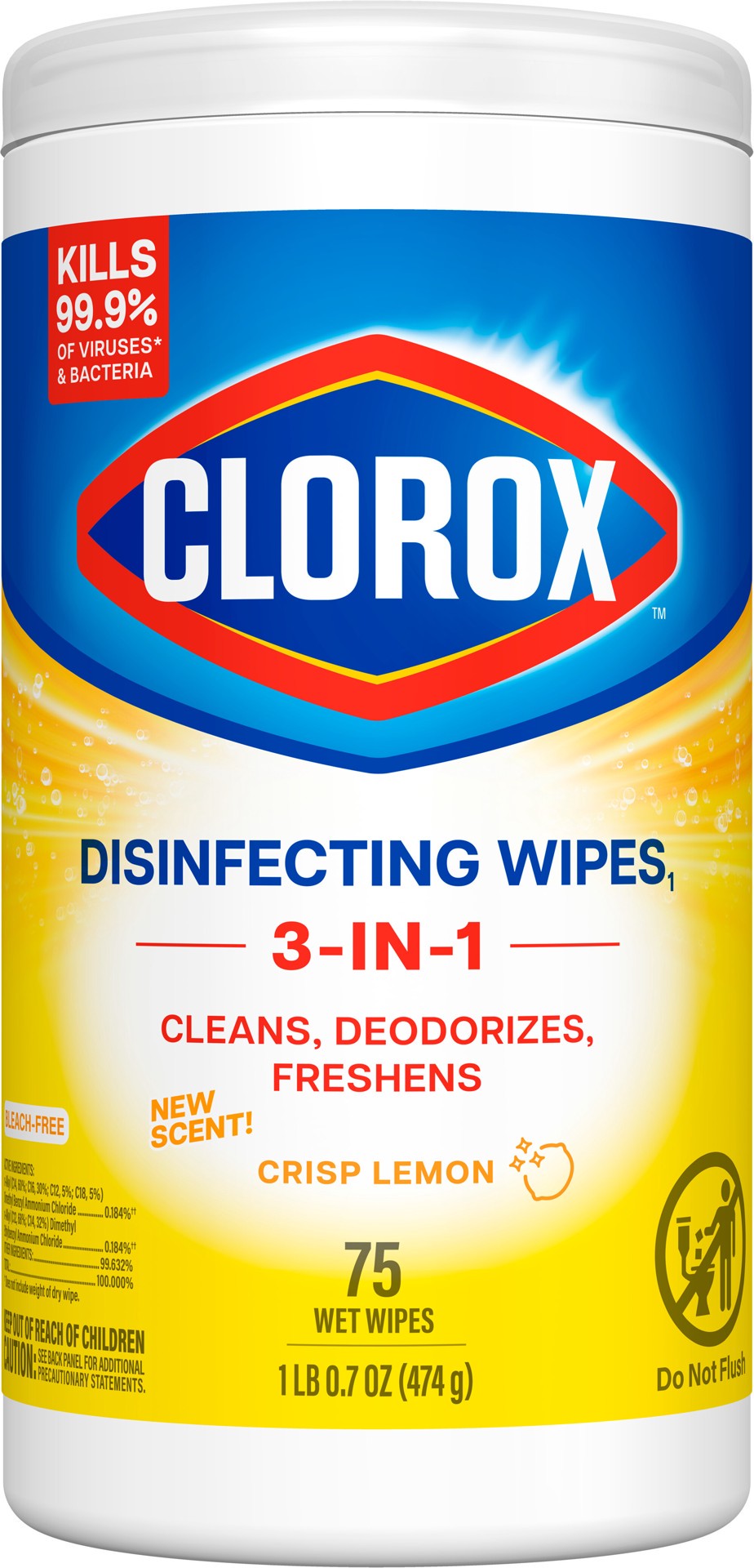 slide 1 of 135, Clorox Disinfecting Cleaning Wipes, Bleach Free, Crisp Lemon, 75 Count, 75 ct