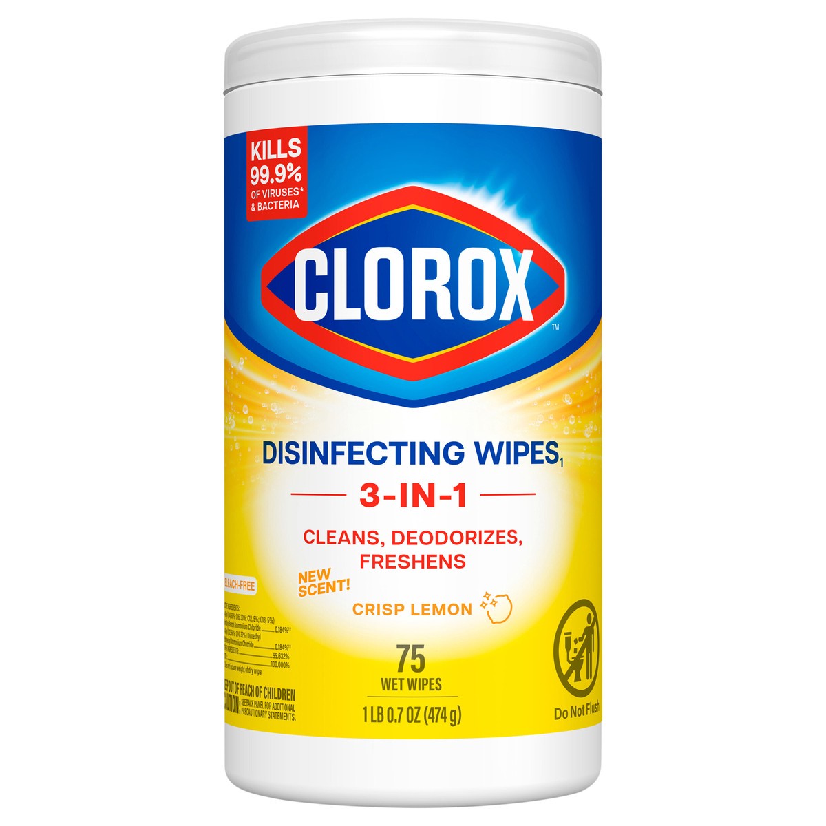slide 1 of 135, Clorox Disinfecting Cleaning Wipes, Bleach Free, Crisp Lemon, 75 Count, 75 ct