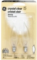 slide 1 of 1, GE Crystal Clear 15-Watt Bent Tip Candelabra Base Light Bulbs, 2 ct