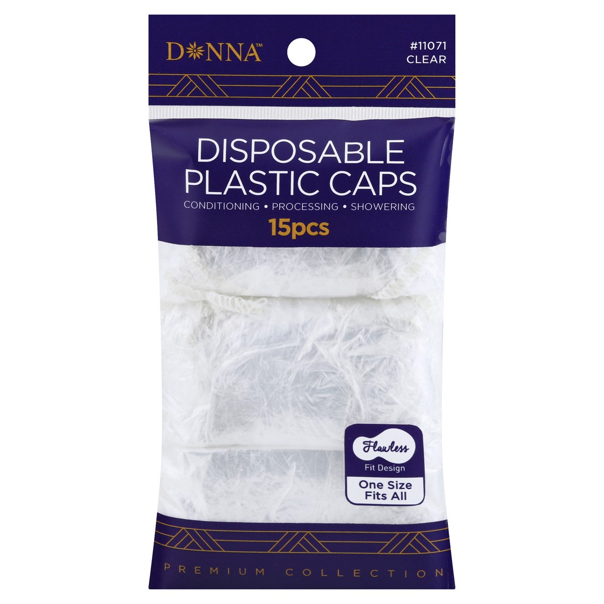 slide 1 of 10, Donna Premium Collection Clear Disposable Plastic Caps One Size Fits All 15 ea, 15 ct