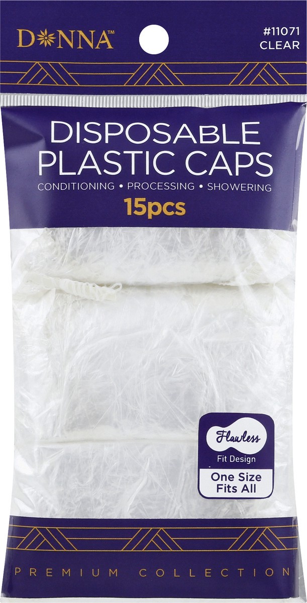 slide 3 of 10, Donna Premium Collection Clear Disposable Plastic Caps One Size Fits All 15 ea, 15 ct