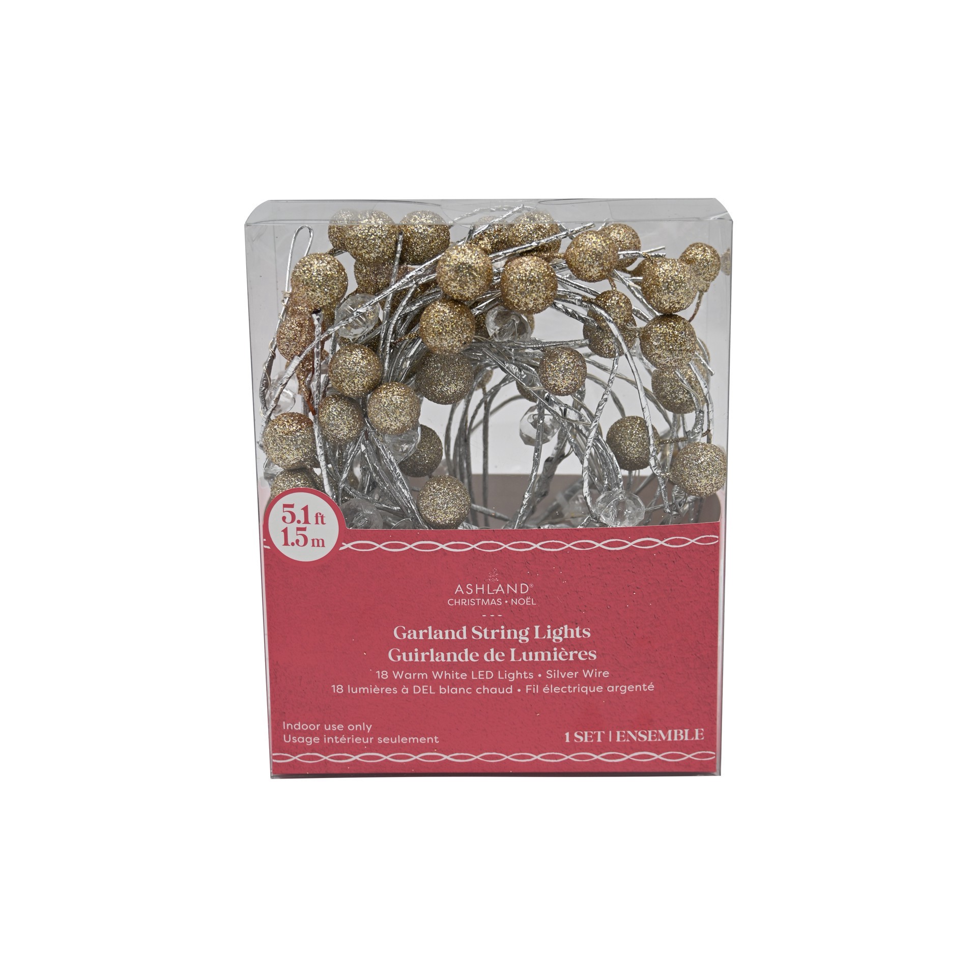 slide 3 of 3, 18ct. Warm White Led Gold Glitter & Crystal Bead Garland String Lights On Silver Wire By Ashland, 18 ct