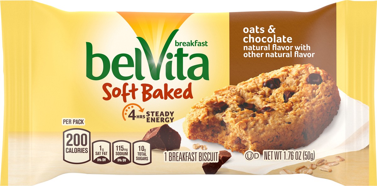 slide 8 of 15, belVita Soft Baked Oats & Chocolate Breakfast Biscuits, 1 Pack (1 Biscuit Per Pack), 1.76 oz