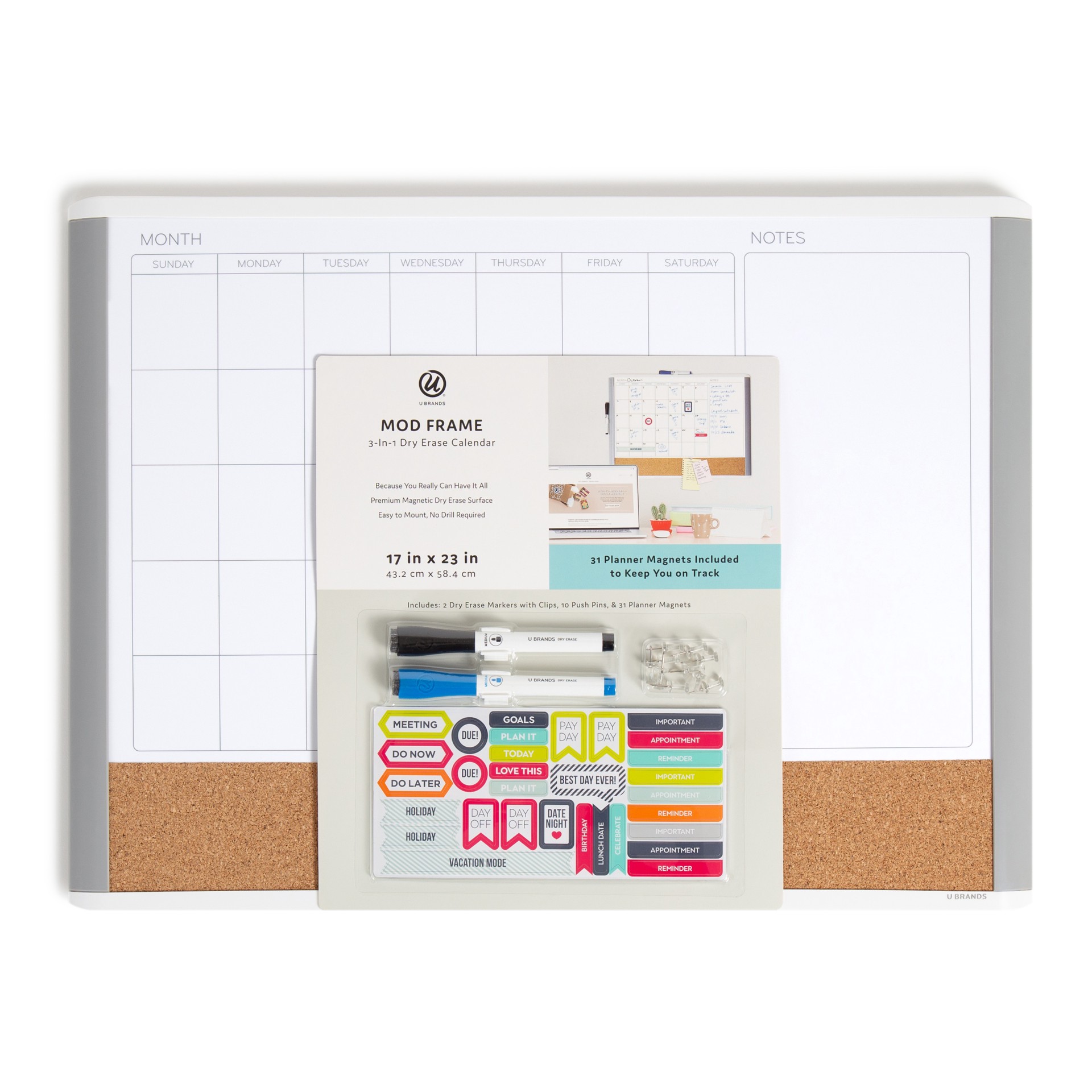 slide 1 of 6, U Brands Magnetic Dry Erase 3-in-1 Calendar Board, 23x17 in., White and Gray Frame, 1 ct