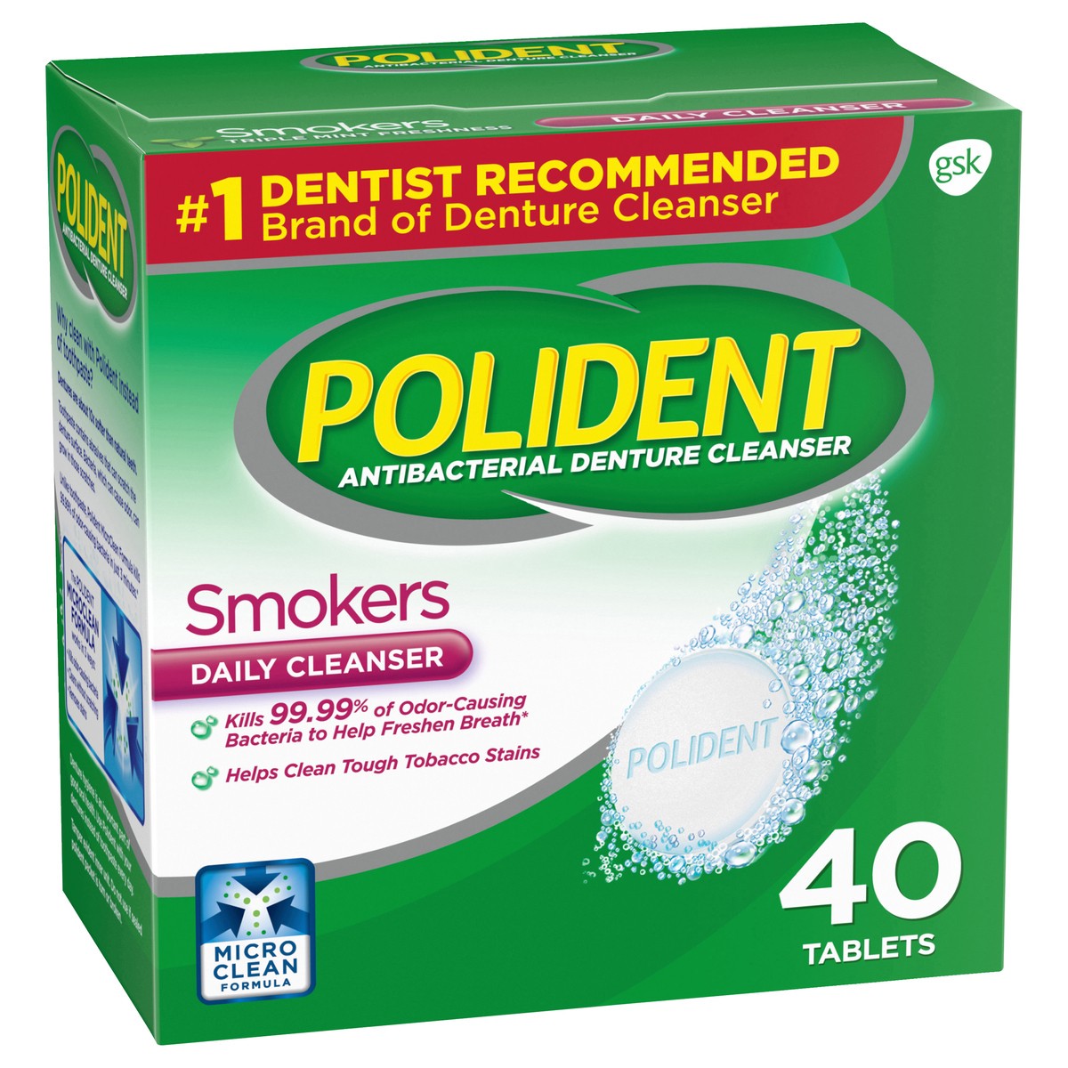 slide 10 of 10, Polident Smokers Antibacterial Denture Cleanser Effervescent Tablets, 40 count, 40 ct