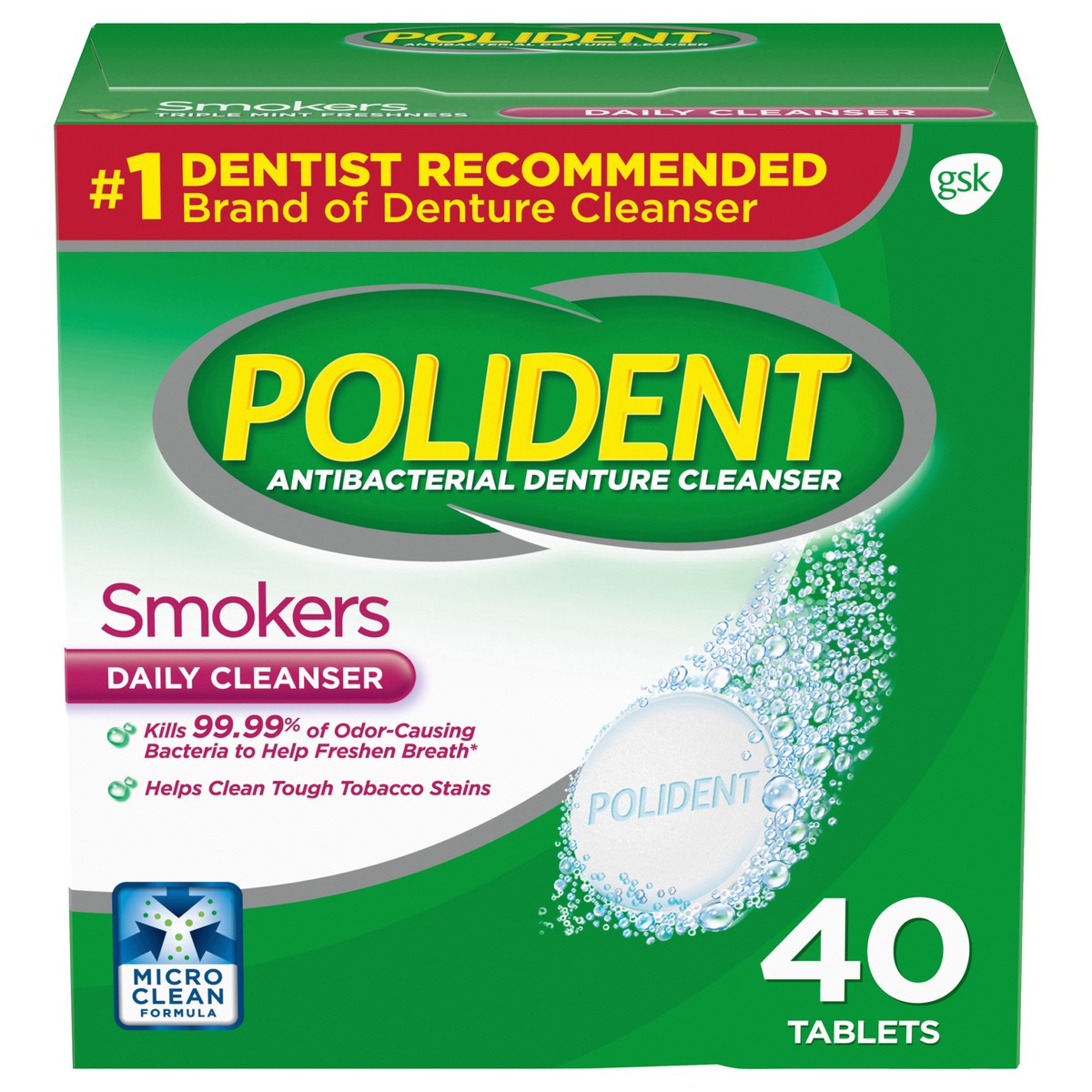 slide 1 of 10, Polident Smokers Antibacterial Denture Cleanser Effervescent Tablets, 40 count, 40 ct