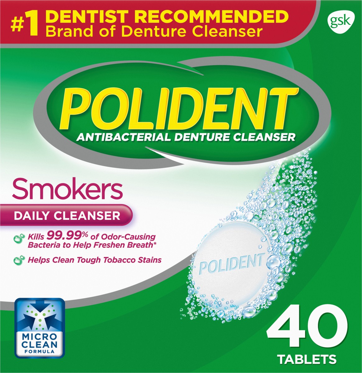 slide 3 of 10, Polident Smokers Antibacterial Denture Cleanser Effervescent Tablets, 40 count, 40 ct