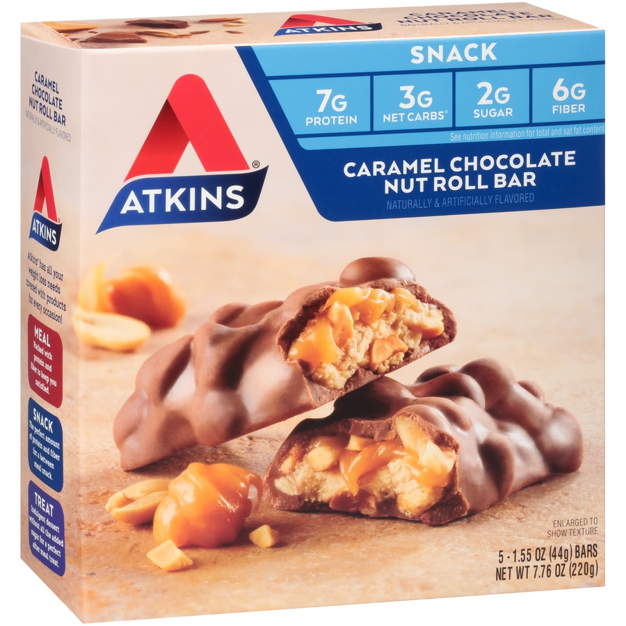 slide 2 of 8, Atkins Caramel Chocolate Nut Roll Snack Bar, 5 ct
