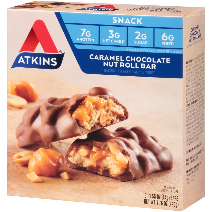 slide 3 of 8, Atkins Caramel Chocolate Nut Roll Snack Bar, 5 ct