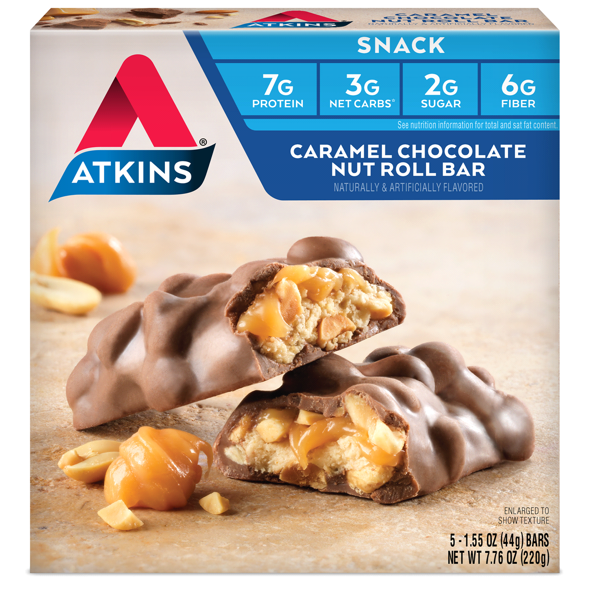 slide 1 of 8, Atkins Caramel Chocolate Nut Roll Snack Bar, 5 ct