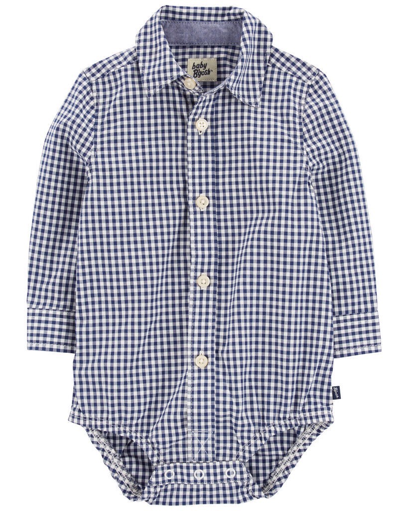 slide 3 of 4, Oshkosh Baby Gingham Print Button-Front Bodysuit Blue 12M, 1 ct