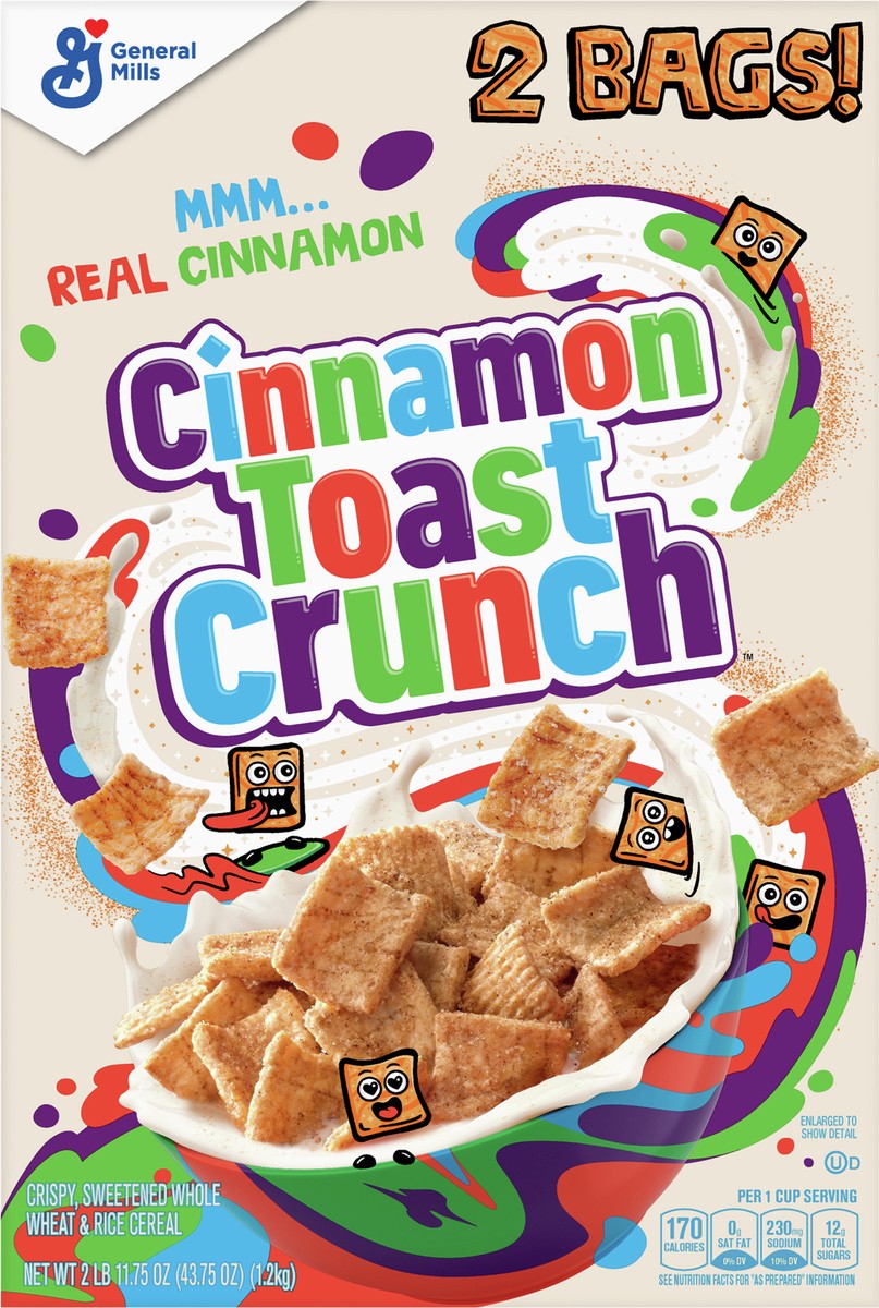 slide 7 of 9, Cinnamon Toast Crunch, Breakfast Cereal, Cinnamon Sugar Squares 43oz 2 bags, 2 ct