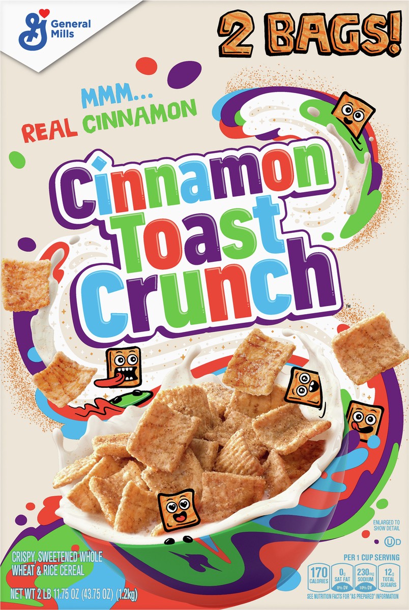 slide 5 of 9, Cinnamon Toast Crunch, Breakfast Cereal, Cinnamon Sugar Squares 43oz 2 bags, 2 ct