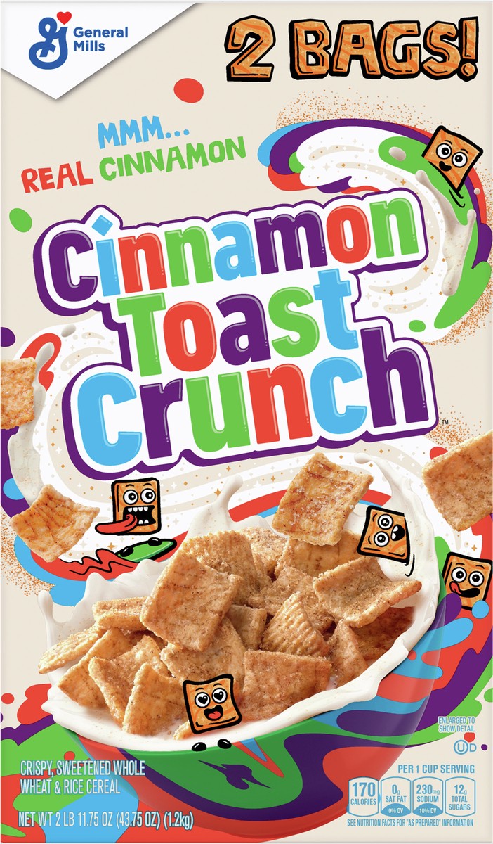 slide 3 of 9, Cinnamon Toast Crunch, Breakfast Cereal, Cinnamon Sugar Squares 43oz 2 bags, 2 ct