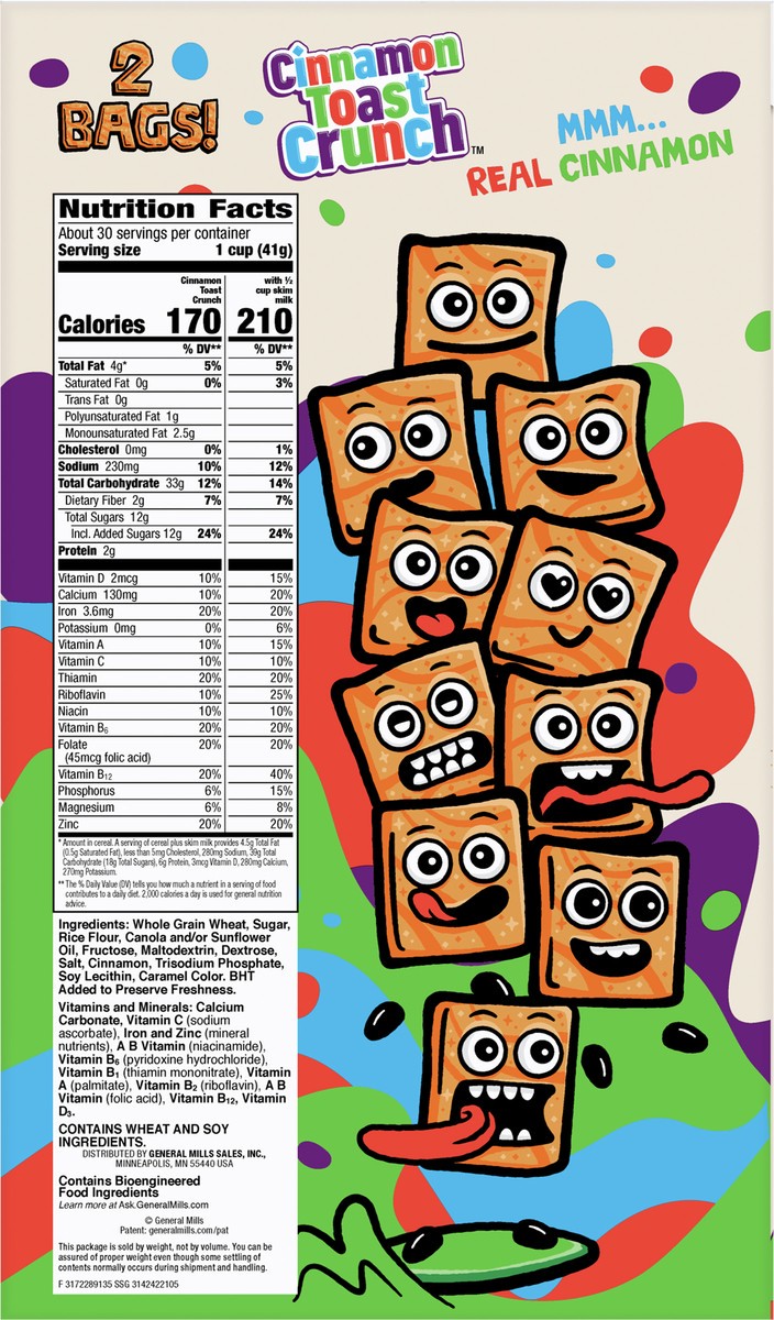slide 8 of 9, Cinnamon Toast Crunch, Breakfast Cereal, Cinnamon Sugar Squares 43oz 2 bags, 2 ct