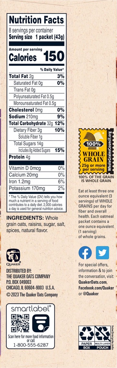 slide 5 of 7, Quaker Instant Oatmeal, Raisins & Spice, 8 ct