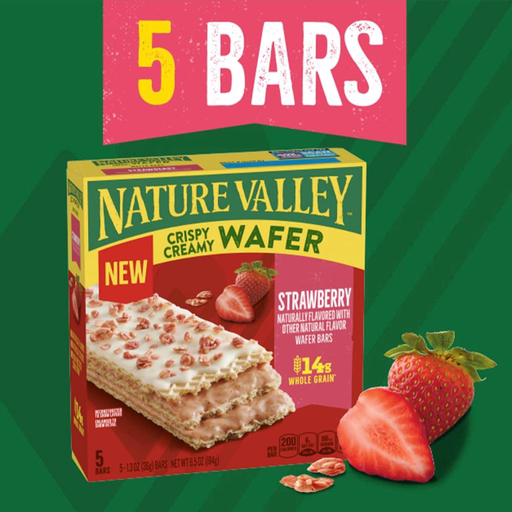 slide 5 of 6, Nature Valley Strawberry Crispy Creamy Wafer Bars, Made With Whole Grain, 5 Bars, 6.5 oz Box, 5 ct