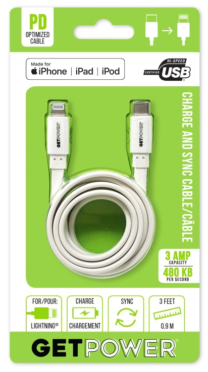 slide 1 of 1, Get Power Usb C 3.1 To Apple Lightning Charge Sync Cable, 3 ft