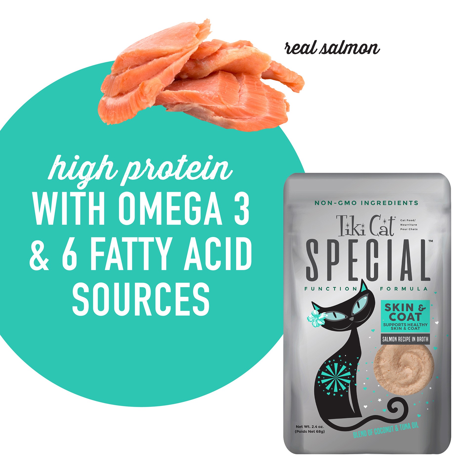 slide 4 of 8, Tiki Cat Solutions Mousse, Skin + Coat, Salmon Recipe in Broth, 2.4 oz. Pouch (12 Count), 2.4 oz