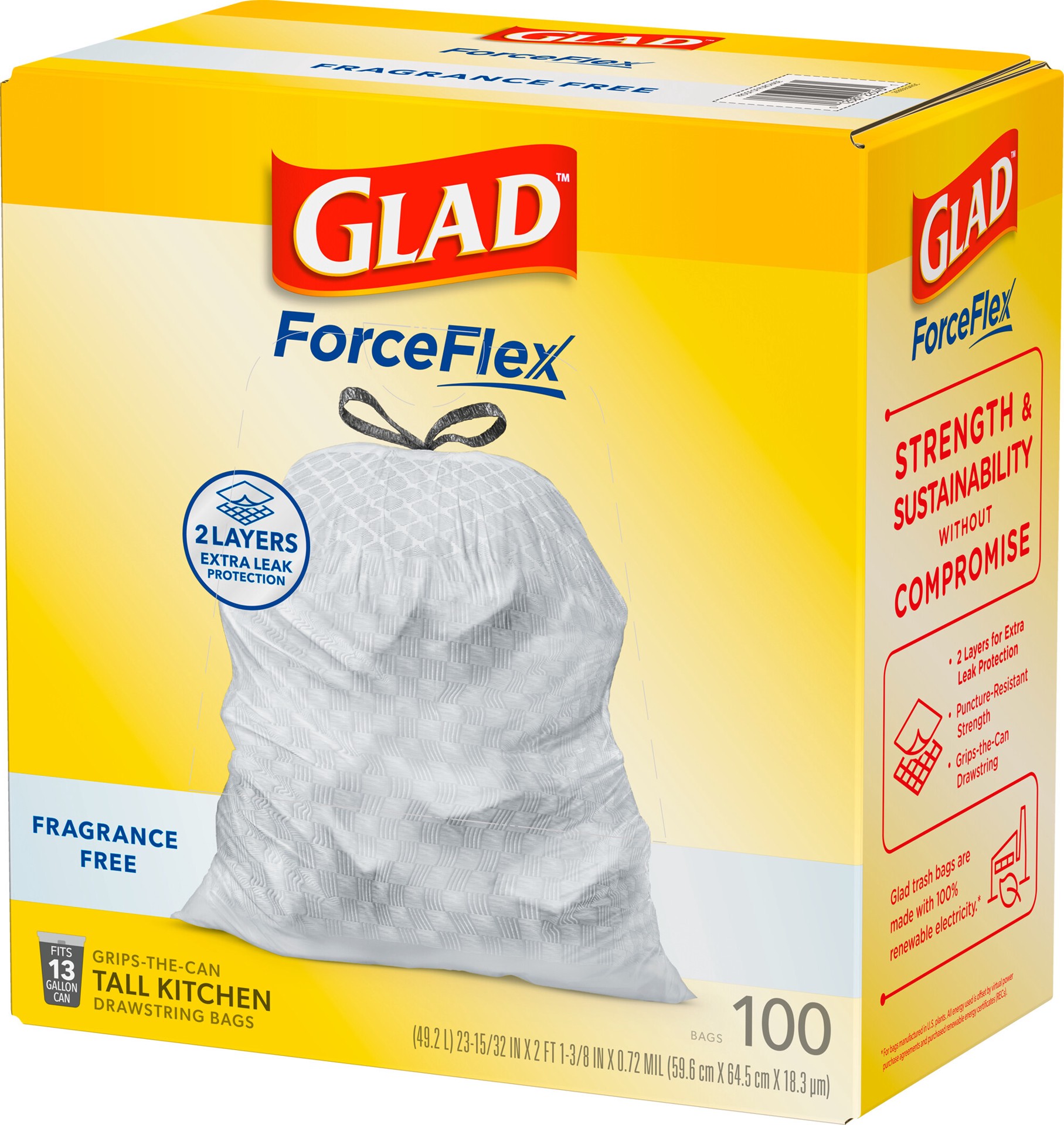 slide 2 of 5, Glad ForceFlex Tall Kitchen Drawstring Trash Bags, 13 Gallon, Fragrance Free, 100 Count, 100 ct