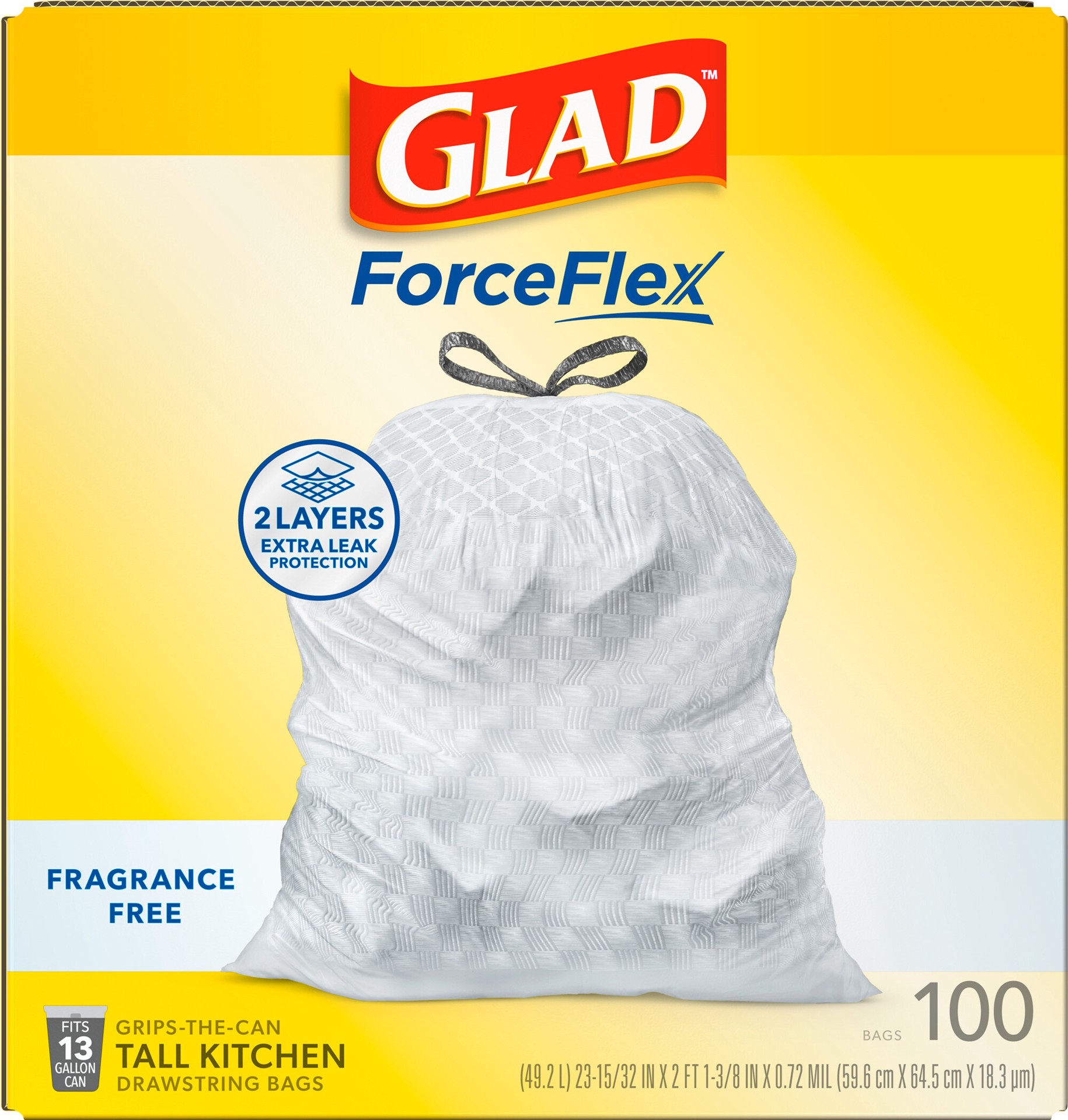 slide 5 of 5, Glad ForceFlex Tall Kitchen Drawstring Trash Bags, 13 Gallon, Fragrance Free, 100 Count, 100 ct