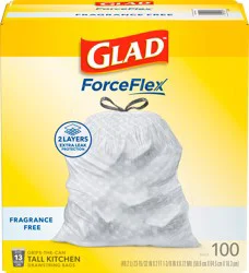 Glad ForceFlex Tall Kitchen Drawstring Trash Bags, 13 Gallon, Fragrance Free, 100 Count