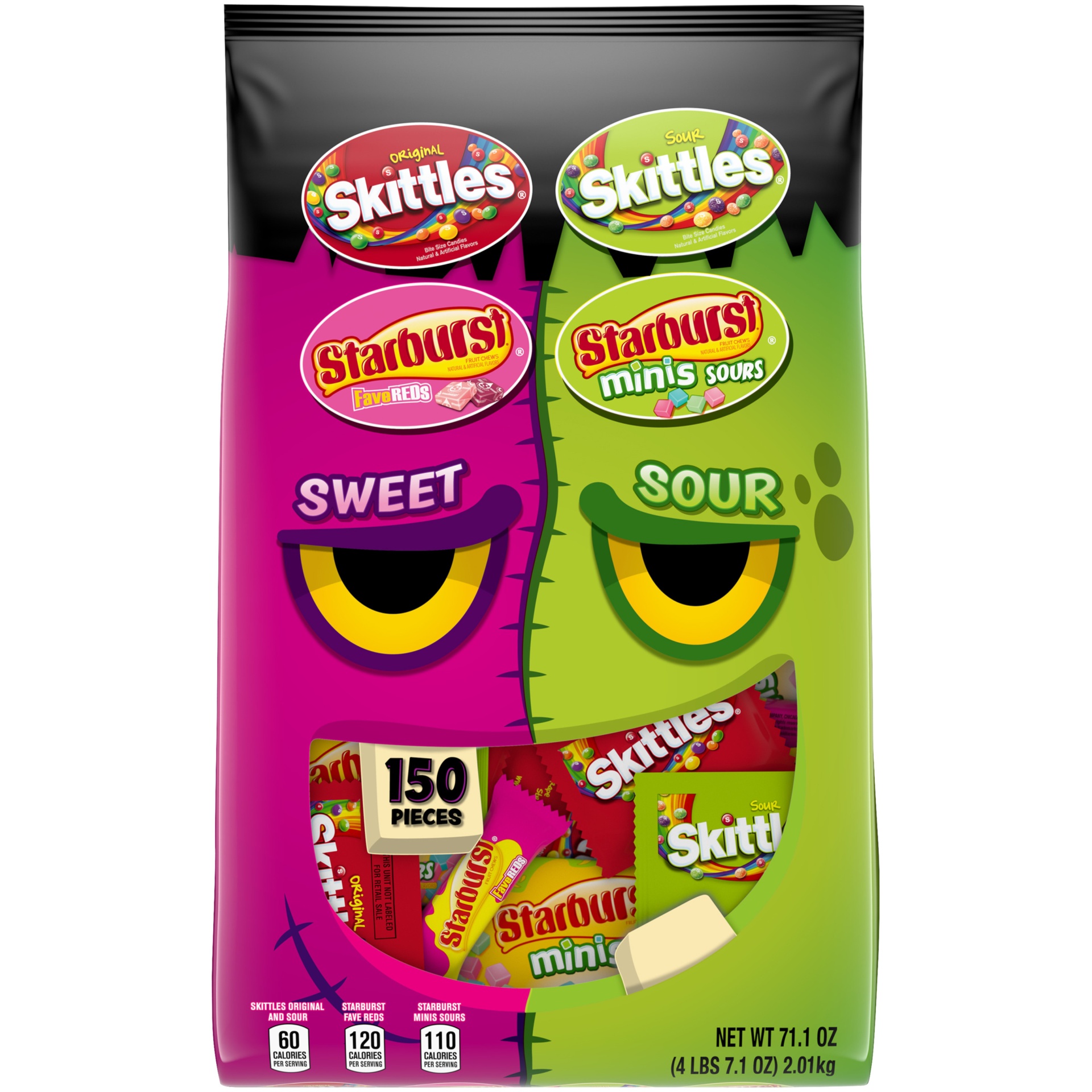 slide 1 of 1, Mixed SKITTLES & STARBURST Bulk Halloween Candy Bag, 150 Fun Size Pieces, 71 oz