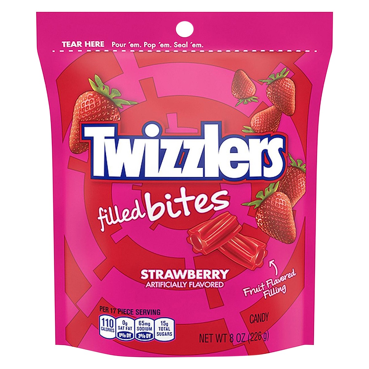 slide 1 of 5, TWIZZLERS FILLED BITES Strawberry Flavored Chewy Candy, Unwrapped, 8 oz, Pack, 8 oz