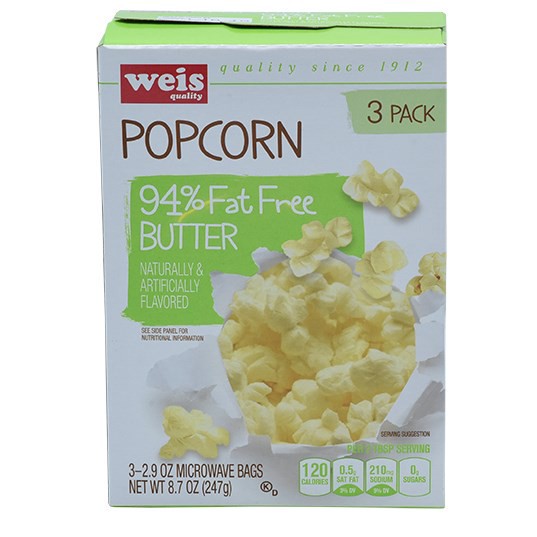 slide 1 of 6, Weis Quality 94% Fat Free Butter Flavored Microwave Popcorn, 8.7 oz