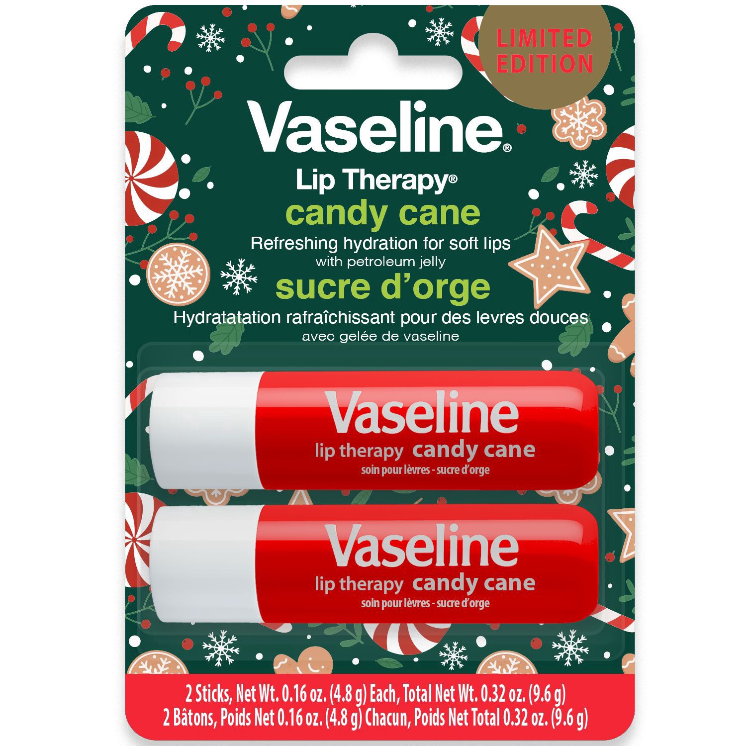 slide 1 of 1, Vaseline Lip Therapy, 2 Ct, Candy Cane, 0.16 oz