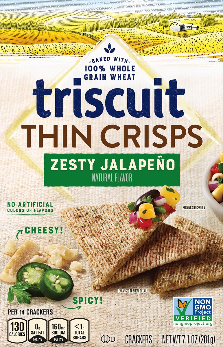 slide 3 of 9, Triscuit Thin Crisps Zesty Jalapeno Whole Grain Wheat Crackers, Lunch Snacks, Snack Crackers, 7.1 oz, 7.1 oz