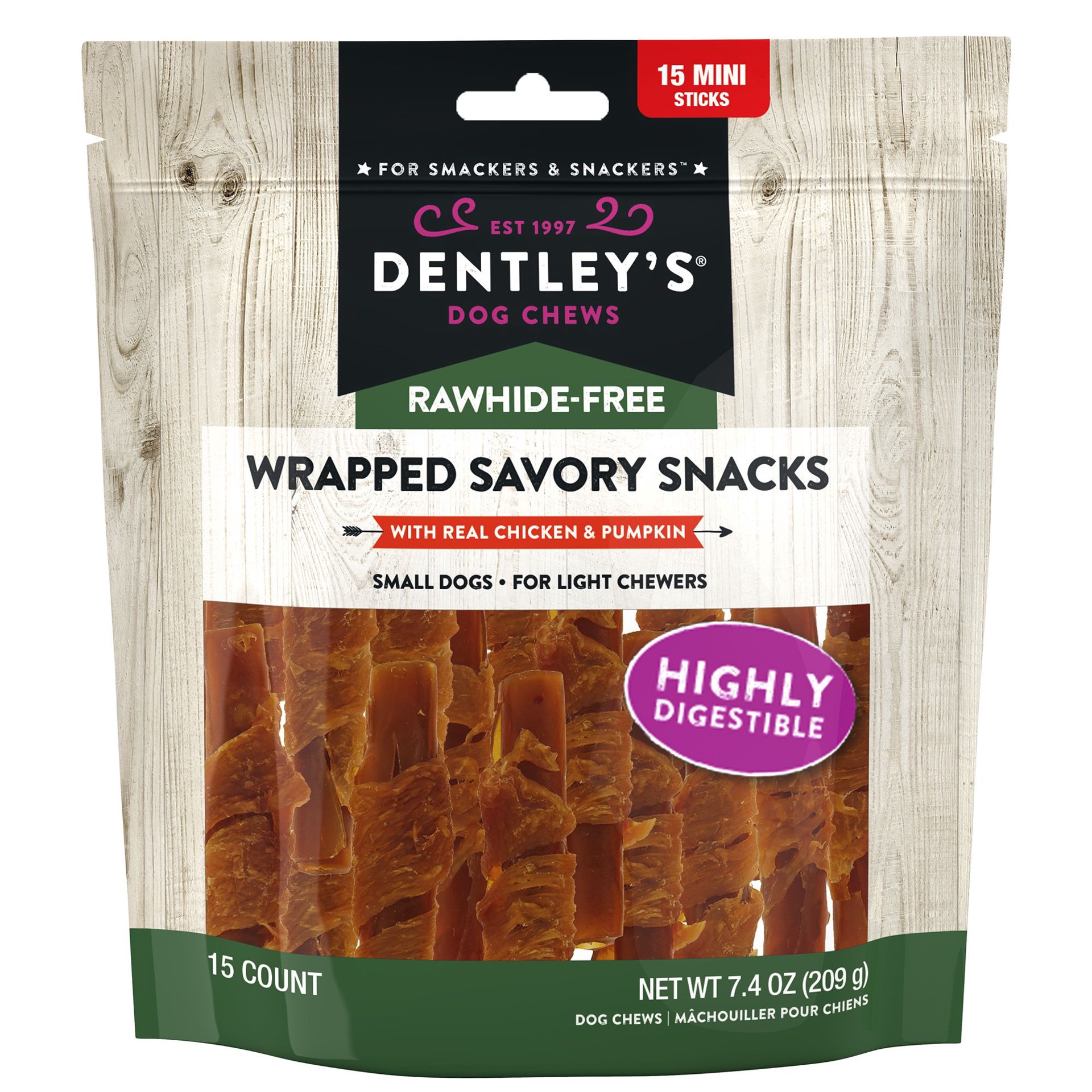 slide 1 of 1, Dentley's® Rawhide-Free Wrapped Mini Sticks Dog Treats - 15 Count, 15 ct