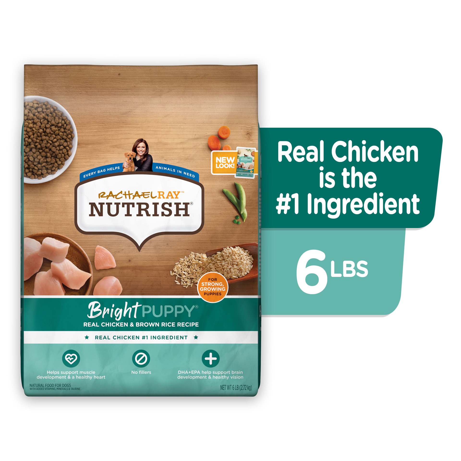 slide 2 of 8, Rachael Ray Nutrish Bright Puppy Real Chicken & Brown Rice Recipe Dry Dog Food, 6 lb. Bag, 6 lb