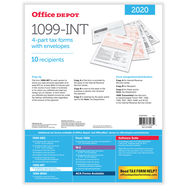 slide 2 of 4, Office Depot Brand 1099-Int Laser Tax Forms And Envelopes, 2-Up, 4-Part, 8-1/2'' X 11'', Pack Of 10 Forms, 10 ct