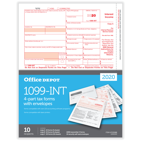 slide 1 of 4, Office Depot Brand 1099-Int Laser Tax Forms And Envelopes, 2-Up, 4-Part, 8-1/2'' X 11'', Pack Of 10 Forms, 10 ct