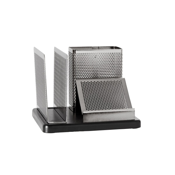 slide 1 of 2, Rolodex Distinctions Punched Metal And Wood Desk Organizer, Black/Pewter, 1 ct