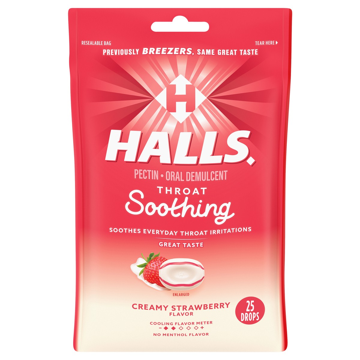 slide 1 of 9, HALLS Throat Soothing (Formerly HALLS Breezers) Creamy Strawberry Throat Drops, 25 Drops, 0.19 lb