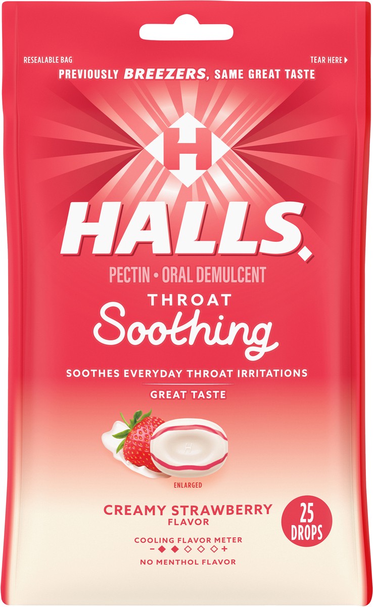 slide 9 of 9, HALLS Throat Soothing (Formerly HALLS Breezers) Creamy Strawberry Throat Drops, 25 Drops, 0.19 lb