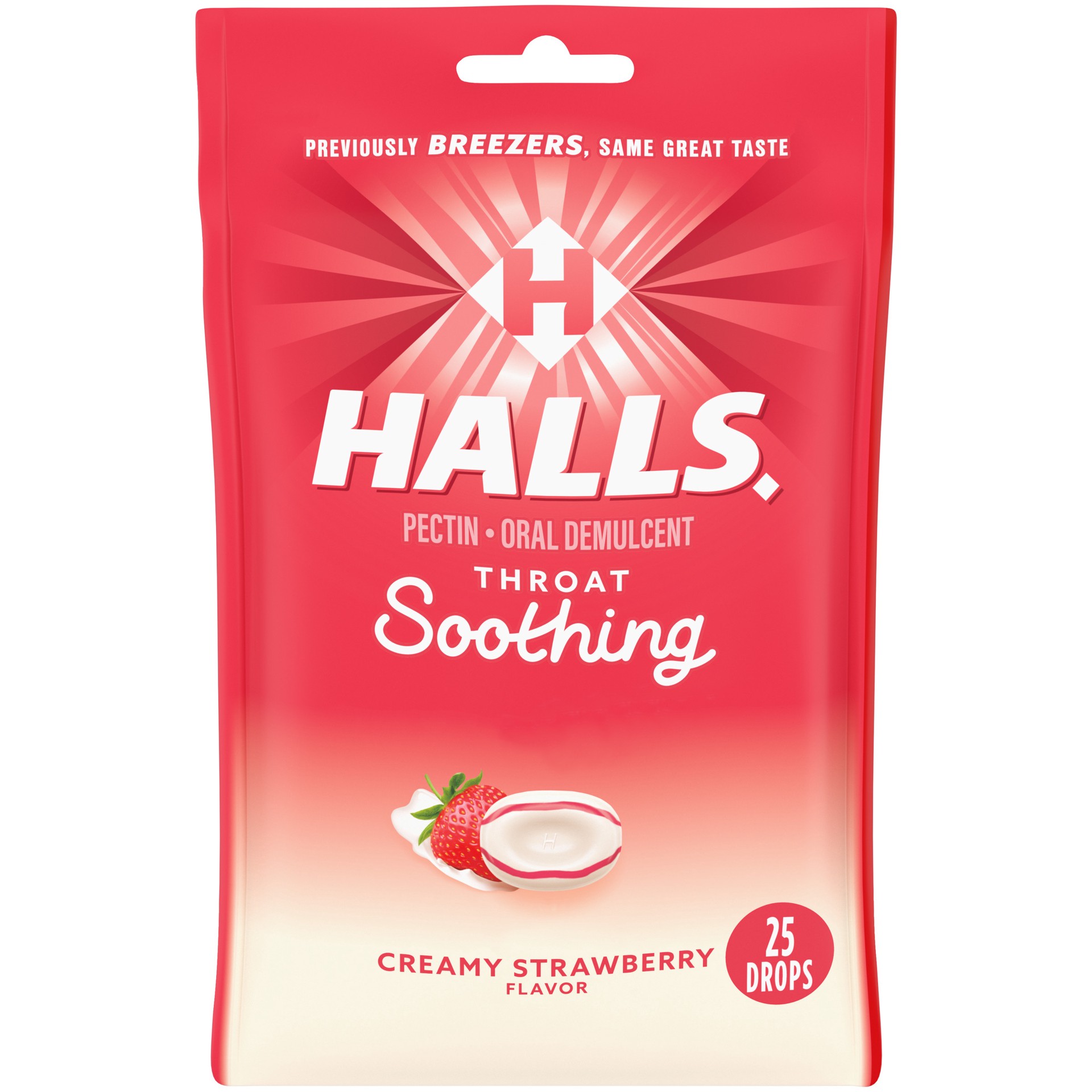 slide 1 of 9, HALLS Throat Soothing (Formerly HALLS Breezers) Creamy Strawberry Throat Drops, 25 Drops, 0.19 lb