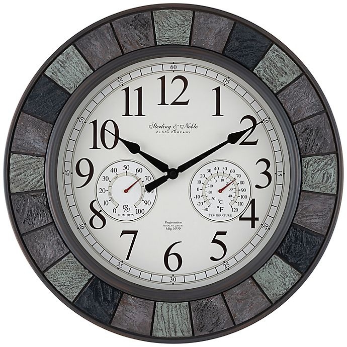 slide 1 of 2, Sterling & Noble Faux Slate Outdoor Wall Clock/Weather Station, 20 in