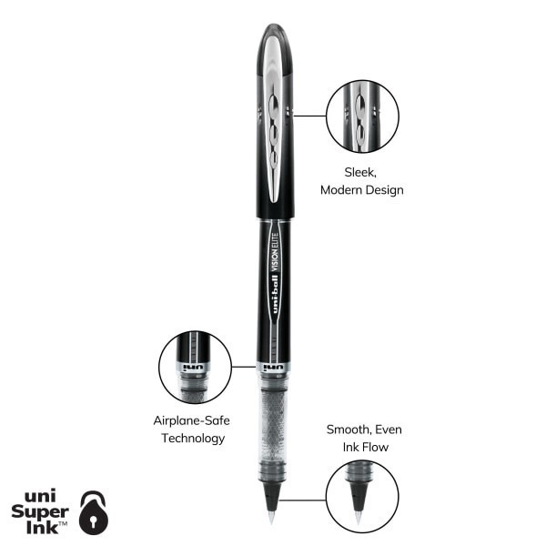 slide 2 of 8, uni-ball Vision Elite Liquid Ink Rollerball Pens, Microtip, 0.5 Mm, Black Barrel, Black Ink, Pack Of 4, 4 ct