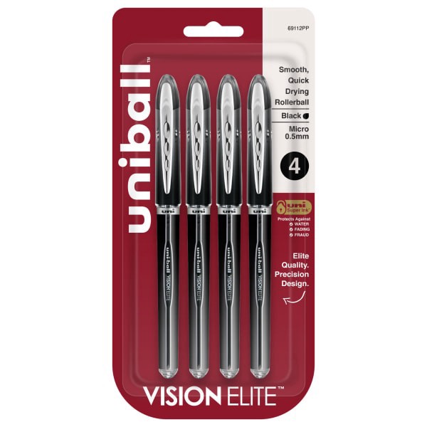 slide 1 of 8, uni-ball Vision Elite Liquid Ink Rollerball Pens, Microtip, 0.5 Mm, Black Barrel, Black Ink, Pack Of 4, 4 ct