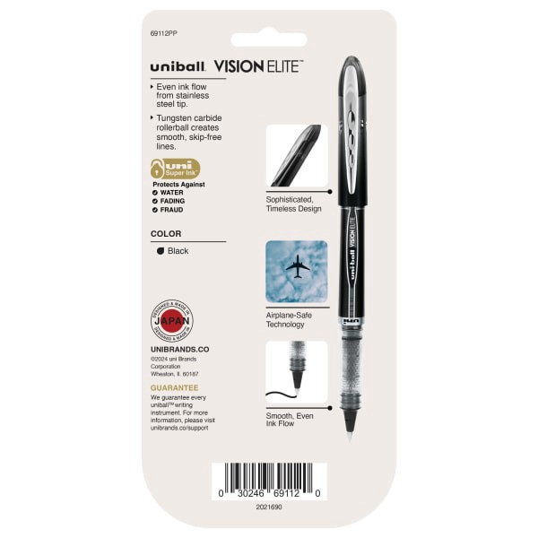 slide 4 of 8, uni-ball Vision Elite Liquid Ink Rollerball Pens, Microtip, 0.5 Mm, Black Barrel, Black Ink, Pack Of 4, 4 ct