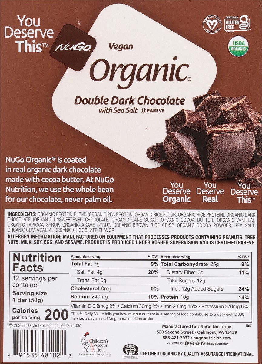 slide 5 of 9, NuGo Organic Double Dark Chocolate Protein Bar with Sea Salt 12 - 1.76 oz Bars, 12 ct