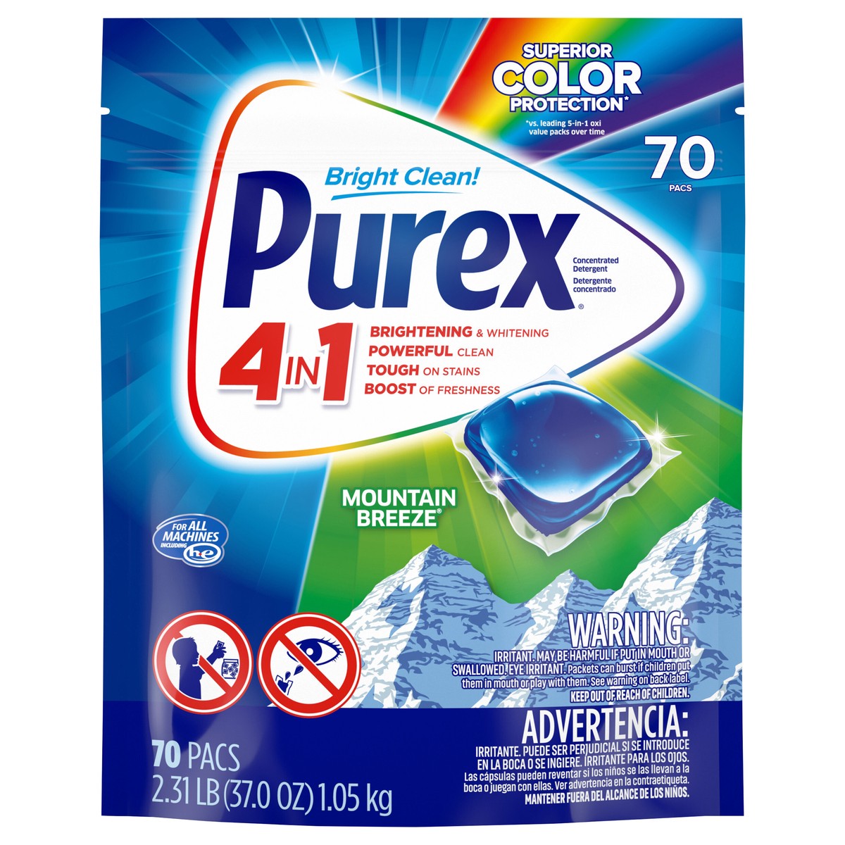 slide 1 of 3, Purex 4-in-1 Laundry Detergent Pacs, Mountain Breeze, 70 Pacs, 70 ct