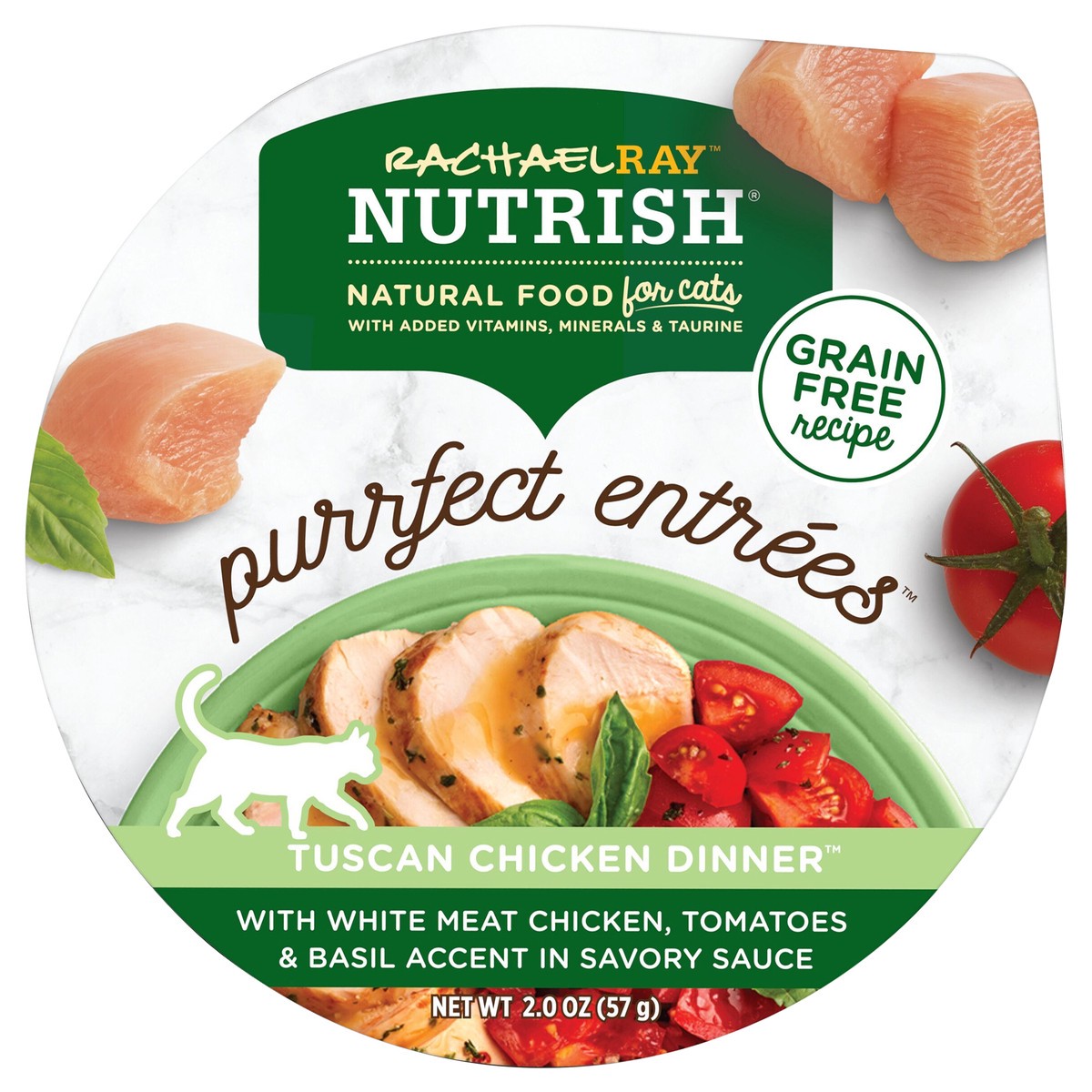 slide 1 of 12, Rachael Ray Nutrish Purrfect Entrees Tuscan Chicken Dinner With White Meat Chicken, Tomatoes & Basil Accent in Savory Sauce, 2-oz cup, 2 oz