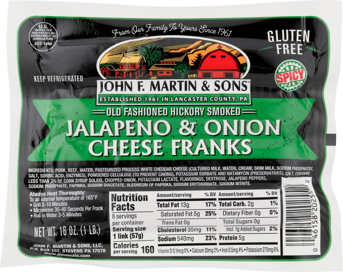 slide 2 of 13, John F. Martin & Sons Old Fashioned Hickory Smoked Spicy Jalapeno & Onion Cheese Franks 16 oz, 16 oz