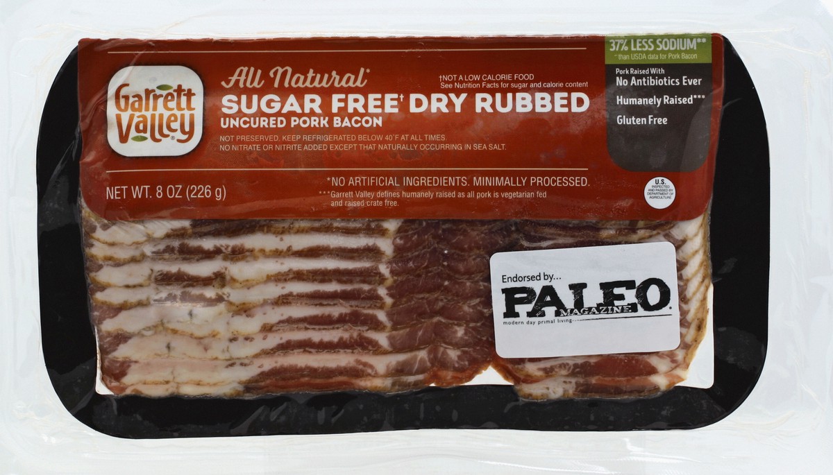 slide 5 of 6, Garrett Valley Sugar Free Dry Rubbed Uncured Pork Bacon, 8 oz