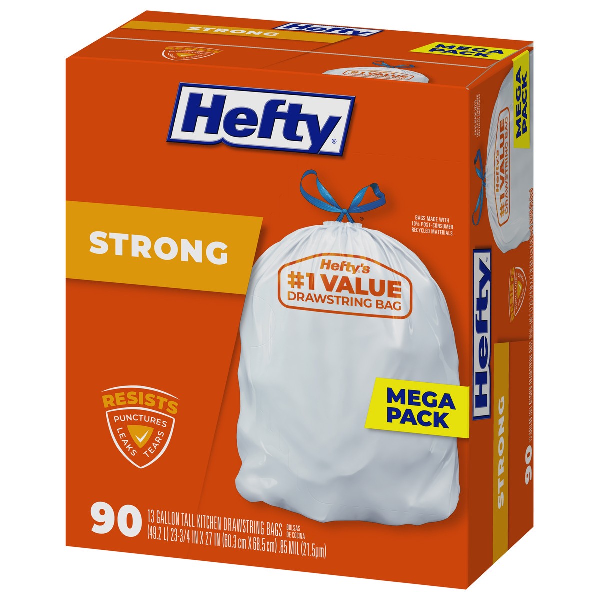 slide 2 of 9, Hefty Strong 13 Gallon Drawstring Mega Pack Tall Kitchen Bags Mega Pack 90 ea, 90 ct