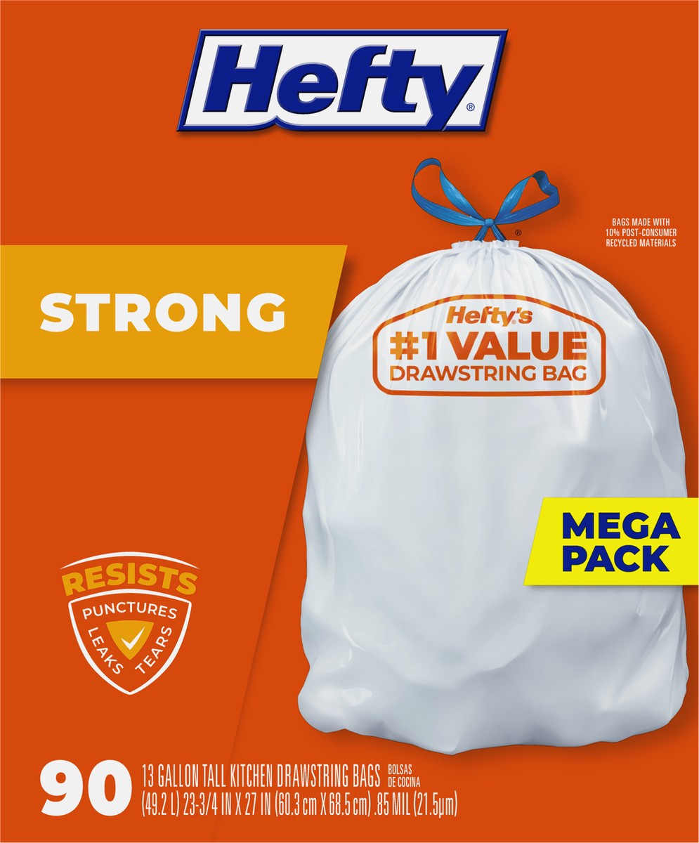 slide 3 of 9, Hefty Strong 13 Gallon Drawstring Mega Pack Tall Kitchen Bags Mega Pack 90 ea, 90 ct